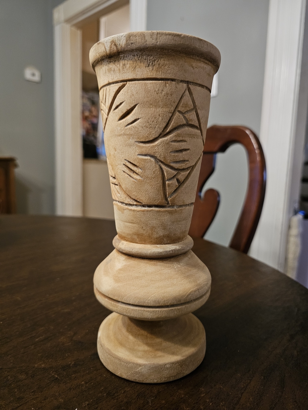 Vintage Hand-Turned & Carved Wooden Pedestal Vase